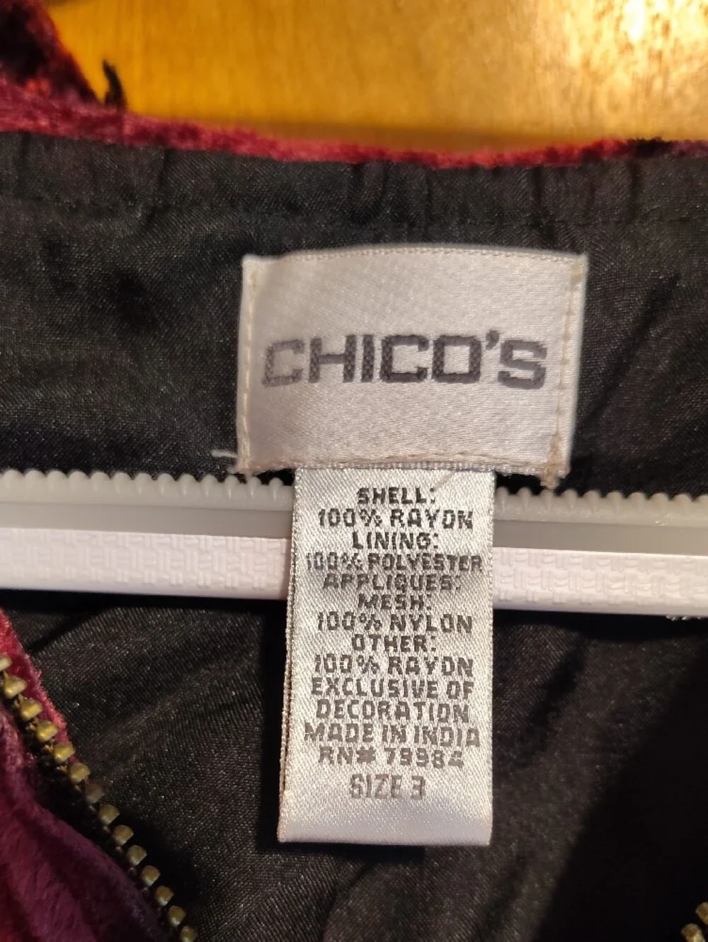 Chico's Deep Wine Velvet Floral Zip Hoodie Bomber Jacket